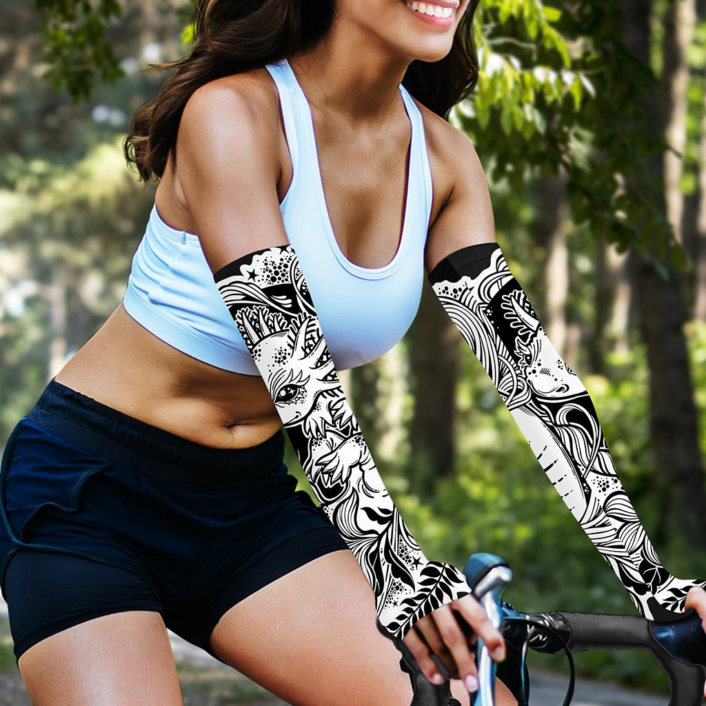 Black And White Axolotl Print Sun Protection Arm Sleeves