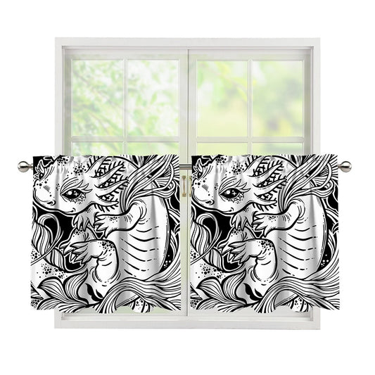 Black And White Axolotl Print Tier Curtains