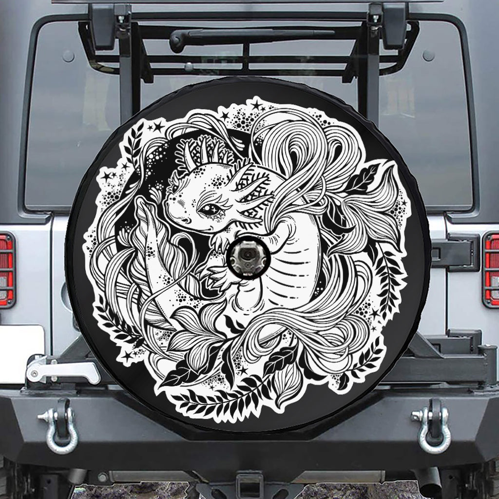 Black And White Axolotl Print Tire Cover With Camera Hole