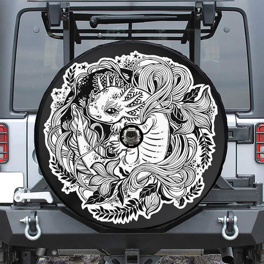 Black And White Axolotl Print Tire Cover With Camera Hole