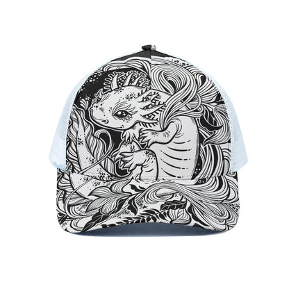 Black And White Axolotl Print White Mesh Trucker Cap