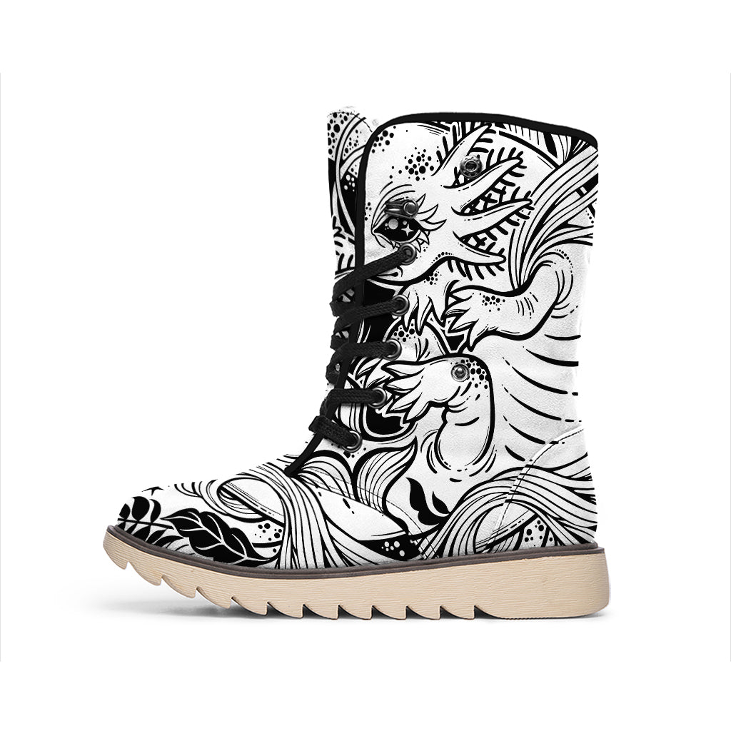 Black And White Axolotl Print Winter Boots