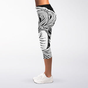 Black And White Axolotl Print Women's Capri Leggings