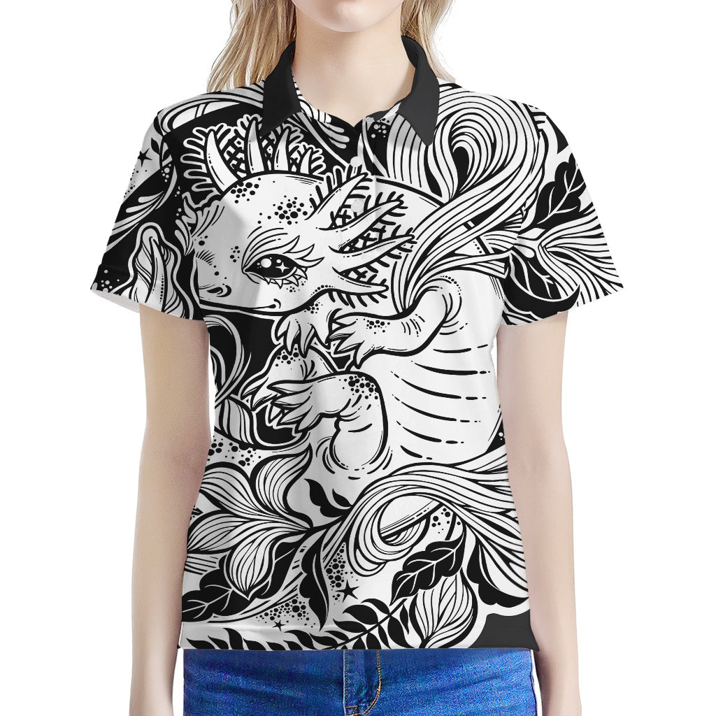 Black And White Axolotl Print Women's Polo Shirt