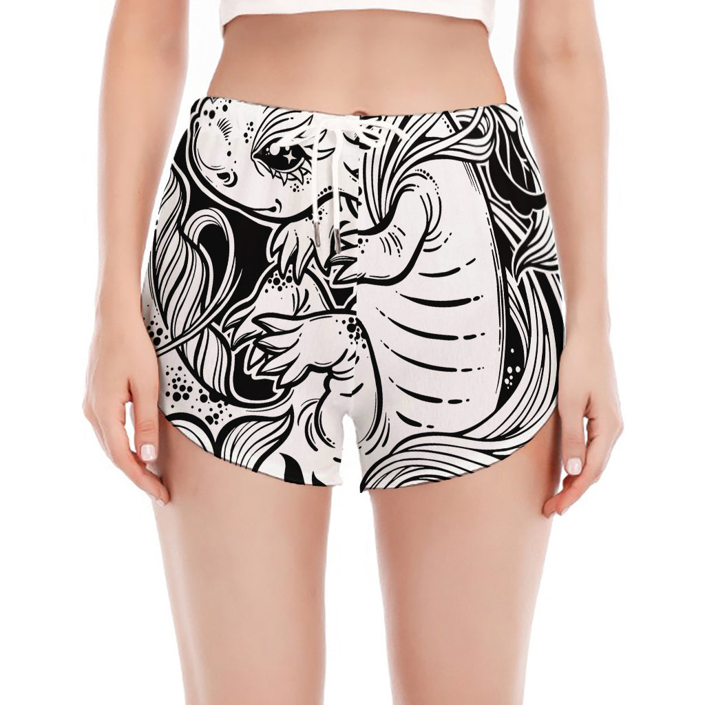 Black And White Axolotl Print Women's Split Running Shorts