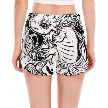 Black And White Axolotl Print Women's Split Running Shorts