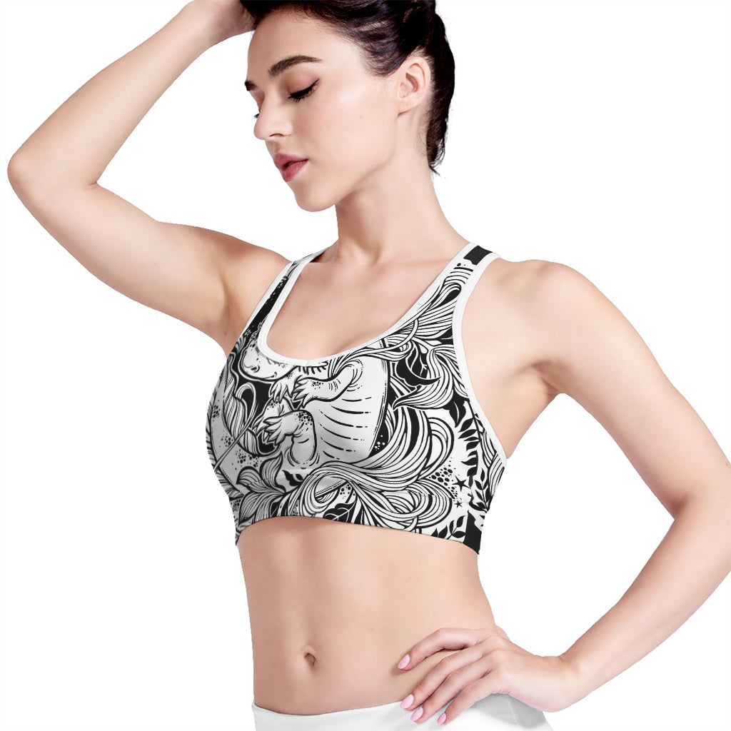 Black And White Axolotl Print Women's Sports Bra