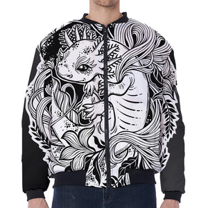 Black And White Axolotl Print Zip Sleeve Bomber Jacket