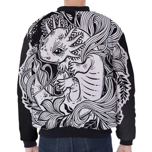 Black And White Axolotl Print Zip Sleeve Bomber Jacket