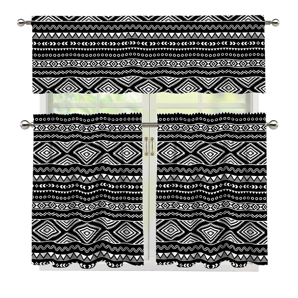 Black And White Aztec Ethnic Print 3 Piece Kitchen Curtains