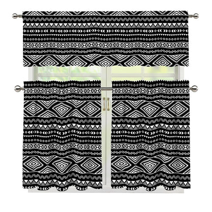 Black And White Aztec Ethnic Print 3 Piece Kitchen Curtains