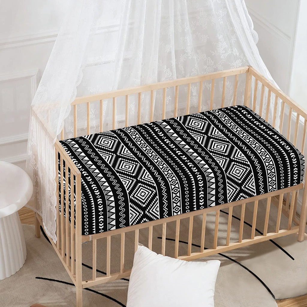 Black And White Aztec Ethnic Print Baby Crib Sheet