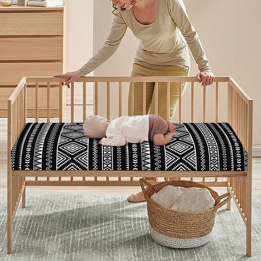 Black And White Aztec Ethnic Print Baby Crib Sheet