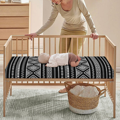 Black And White Aztec Ethnic Print Baby Crib Sheet
