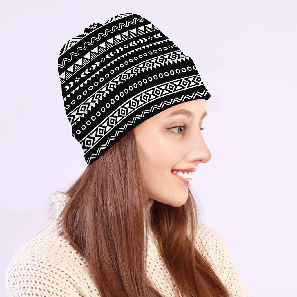 Black And White Aztec Ethnic Print Beanie