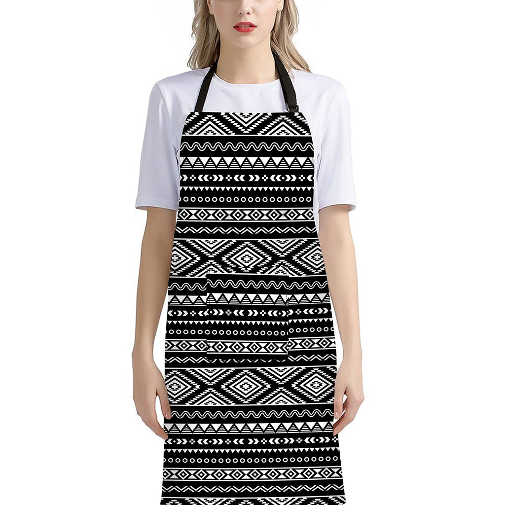 Black And White Aztec Ethnic Print Bib Apron With Pocket