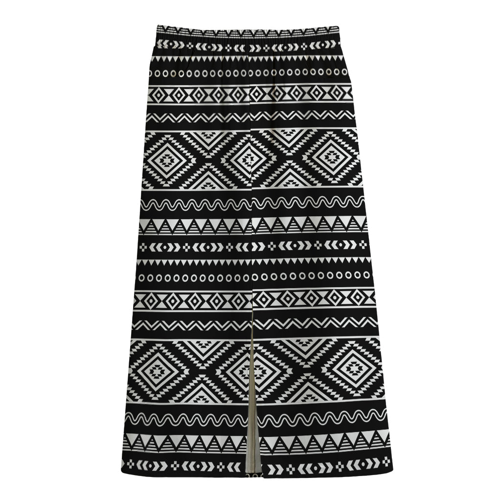 Black And White Aztec Ethnic Print Cotton Front Slit Maxi Skirt