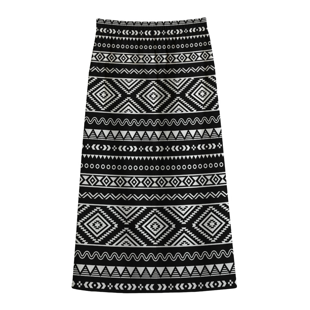 Black And White Aztec Ethnic Print Cotton Front Slit Maxi Skirt