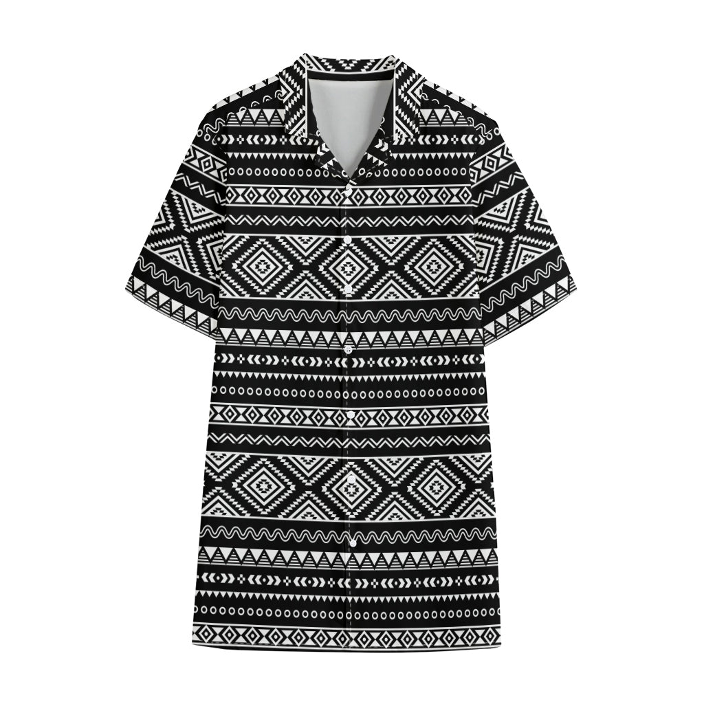 Black And White Aztec Ethnic Print Cotton Hawaiian Shirt