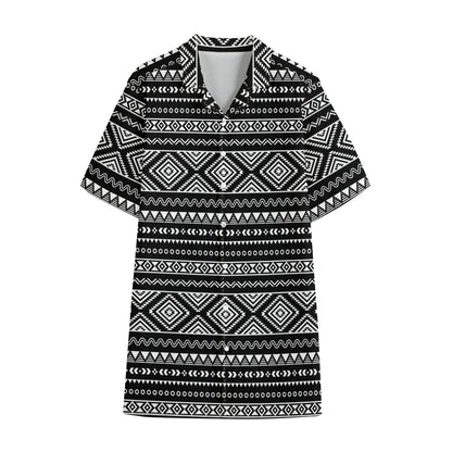Black And White Aztec Ethnic Print Cotton Hawaiian Shirt