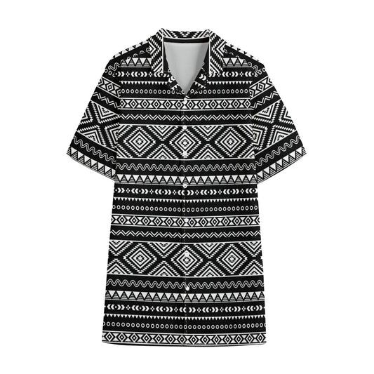 Black And White Aztec Ethnic Print Cotton Hawaiian Shirt