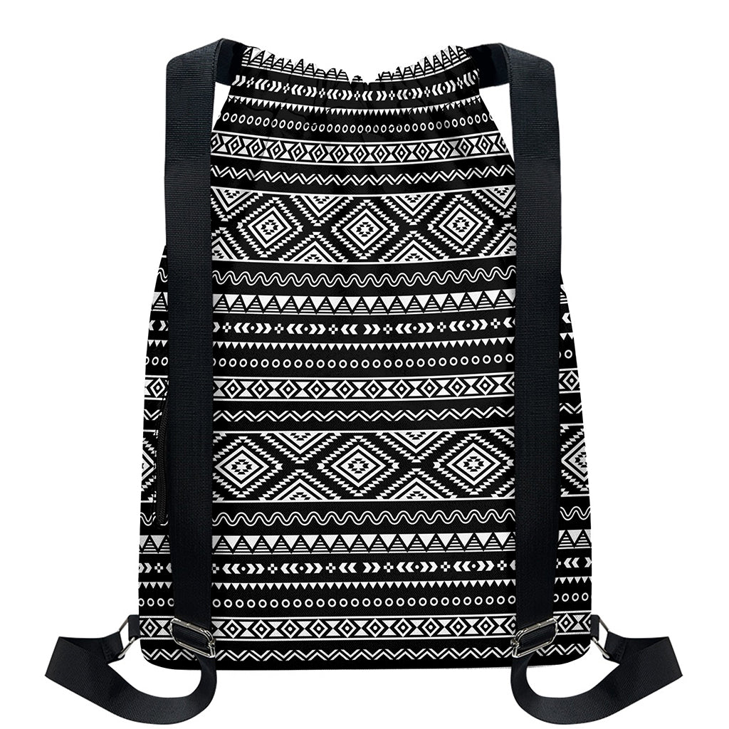 Black And White Aztec Ethnic Print Drawstring Backpack