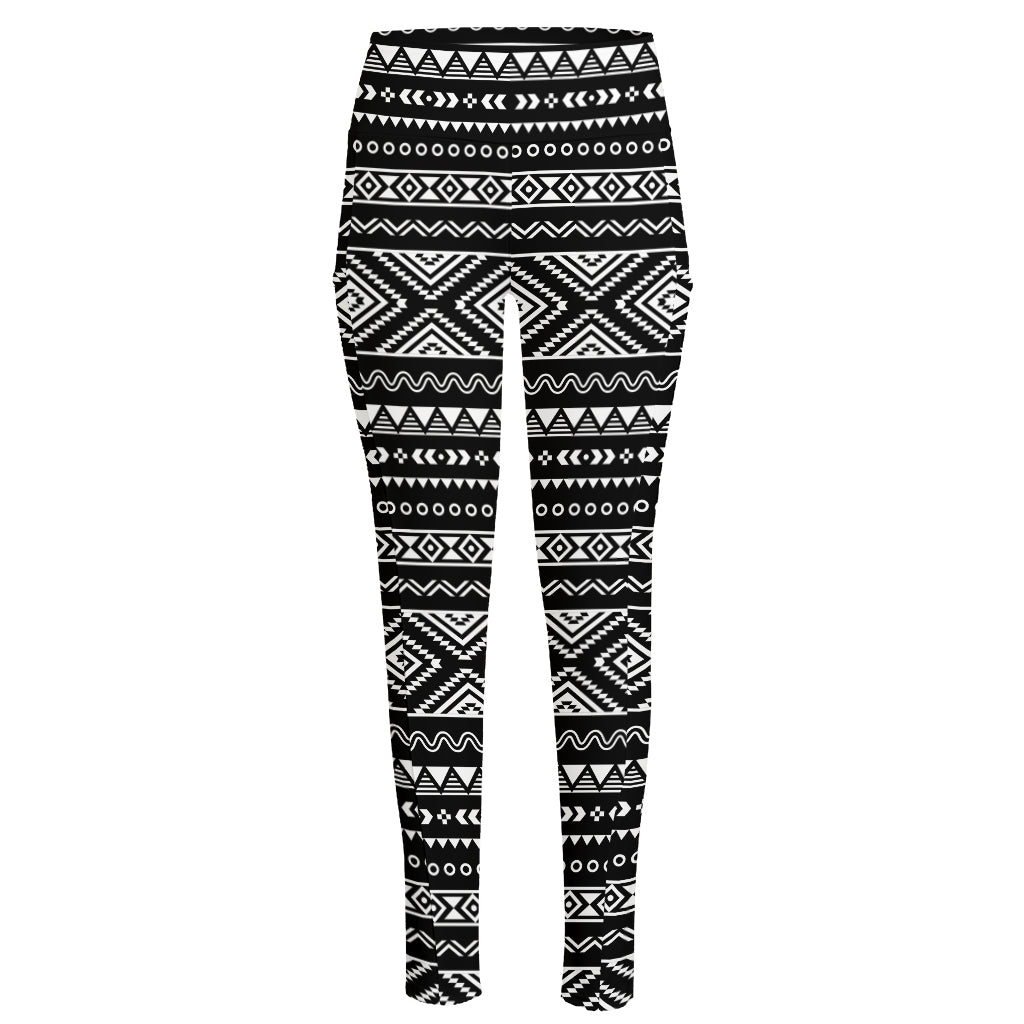 Black And White Aztec Ethnic Print High-Waisted Pocket Leggings