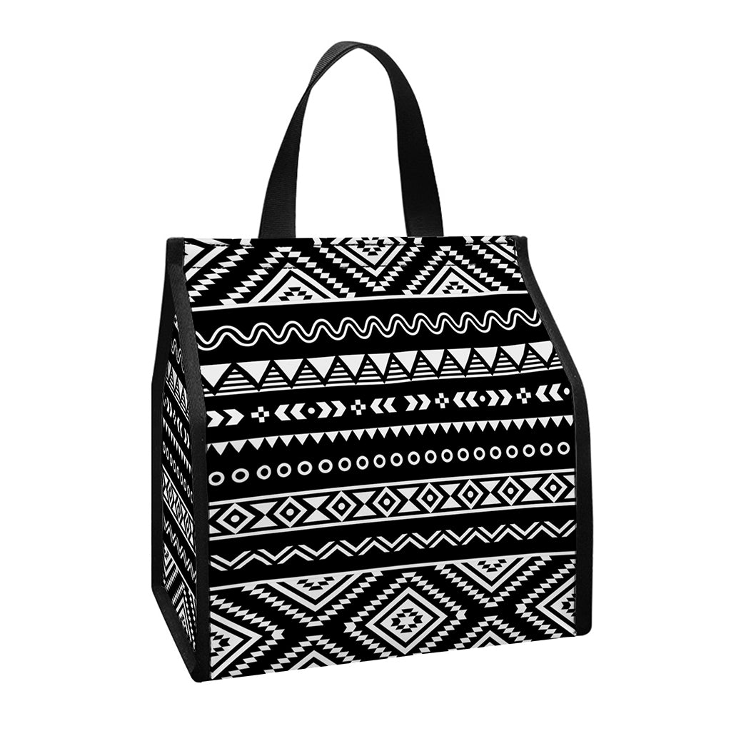 Black And White Aztec Ethnic Print Insulated Lunch Tote