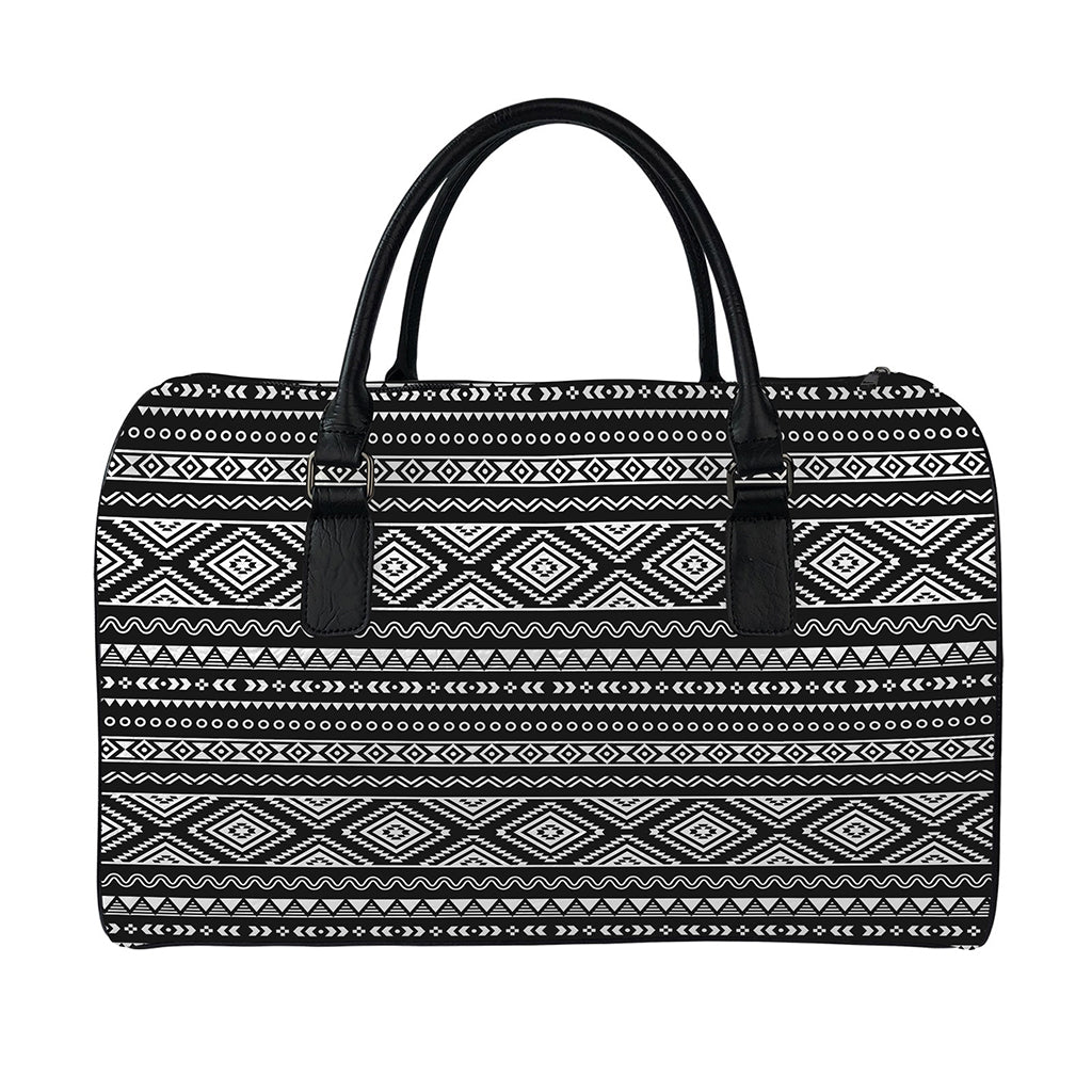 Black And White Aztec Ethnic Print Leather Duffle Bag