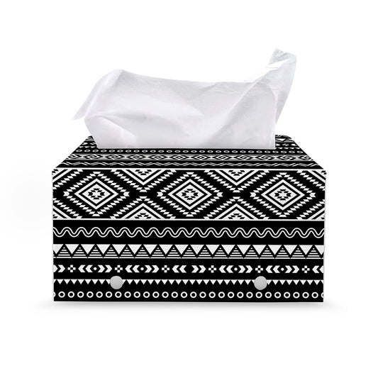 Black And White Aztec Ethnic Print Leather Tissue Box Cover