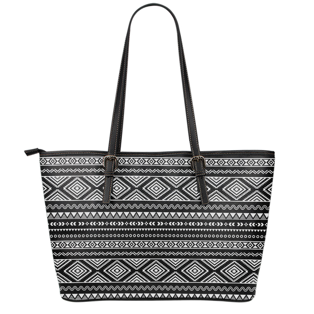 Black And White Aztec Ethnic Print Leather Tote Bag