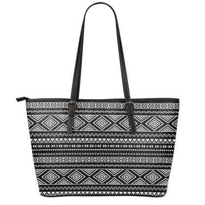 Black And White Aztec Ethnic Print Leather Tote Bag