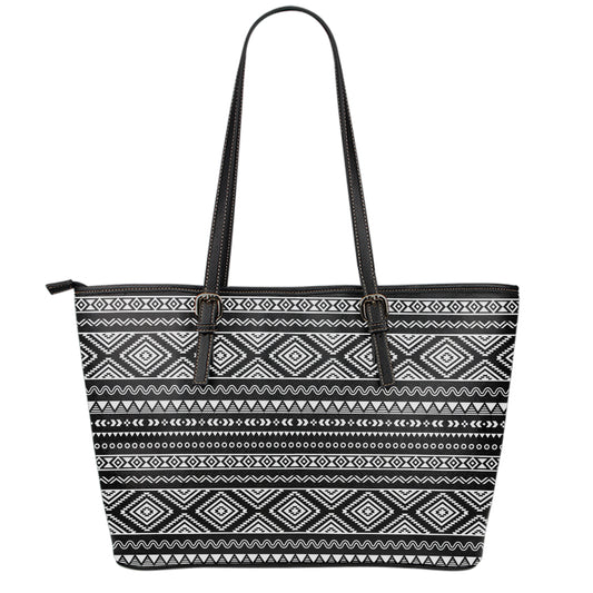 Black And White Aztec Ethnic Print Leather Tote Bag