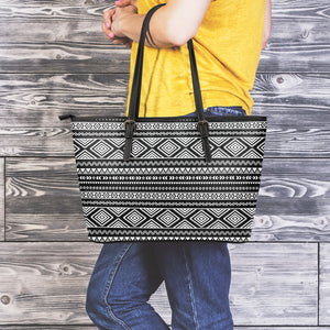 Black And White Aztec Ethnic Print Leather Tote Bag