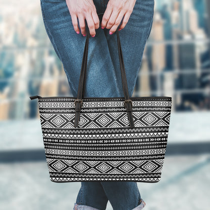 Black And White Aztec Ethnic Print Leather Tote Bag