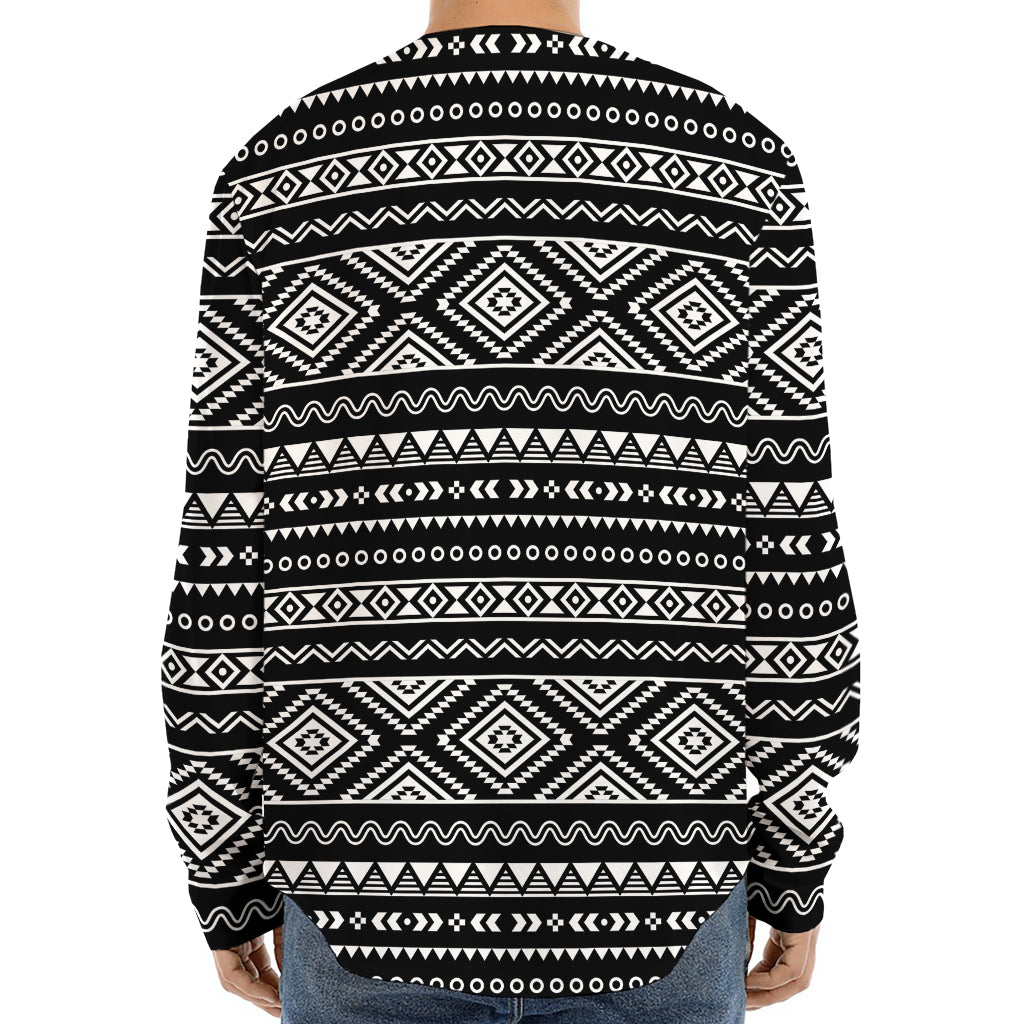 Black And White Aztec Ethnic Print Long Sleeve Baseball Jersey