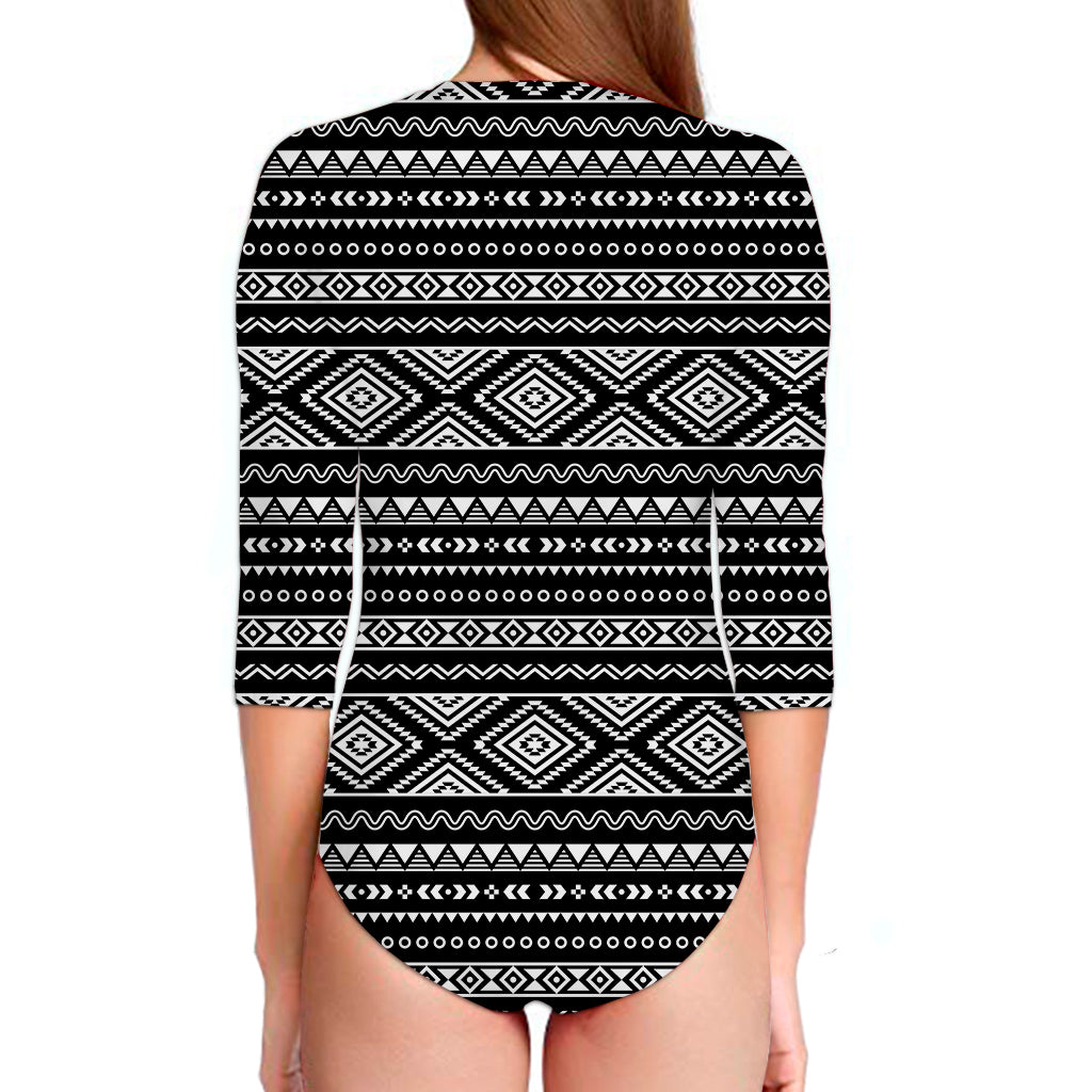 Black And White Aztec Ethnic Print Long Sleeve Swimsuit