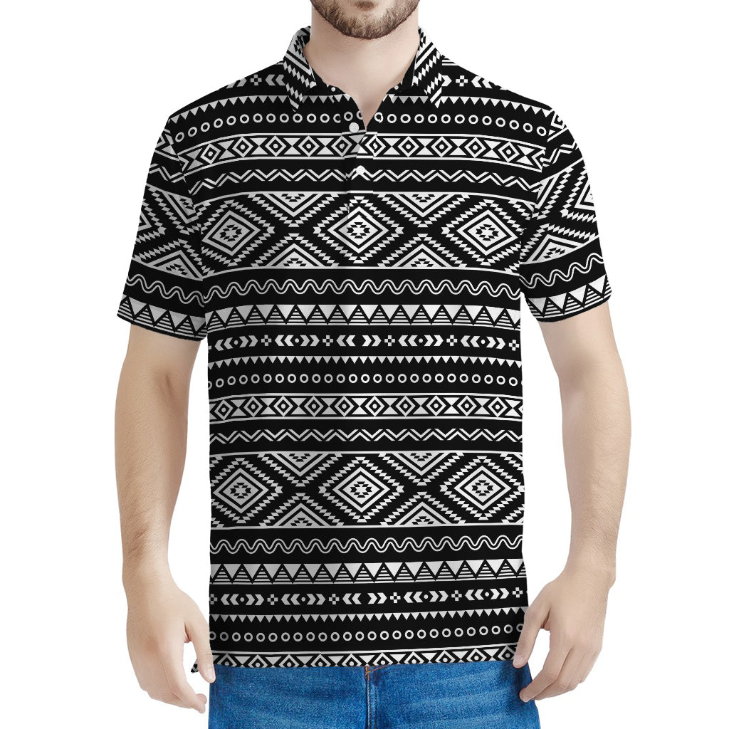 Black And White Aztec Ethnic Print Men's Polo Shirt