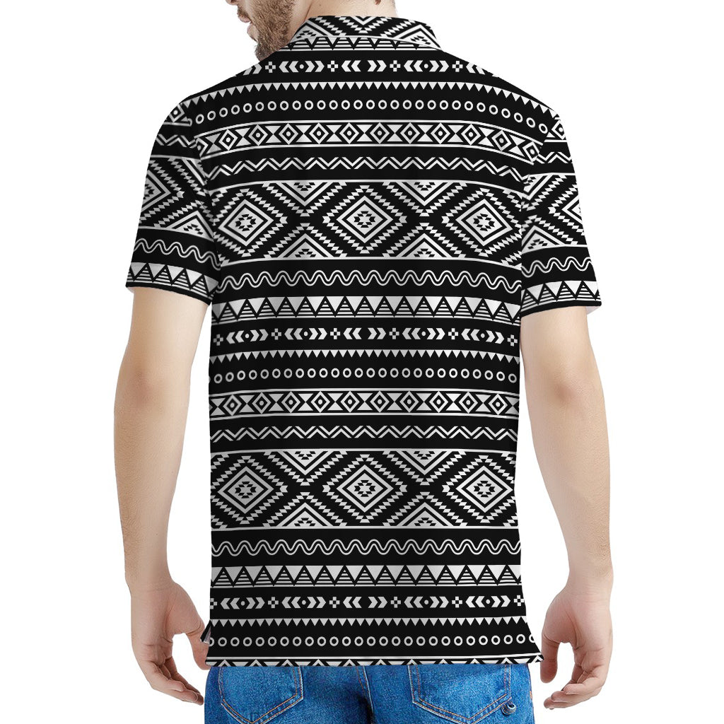 Black And White Aztec Ethnic Print Men's Polo Shirt