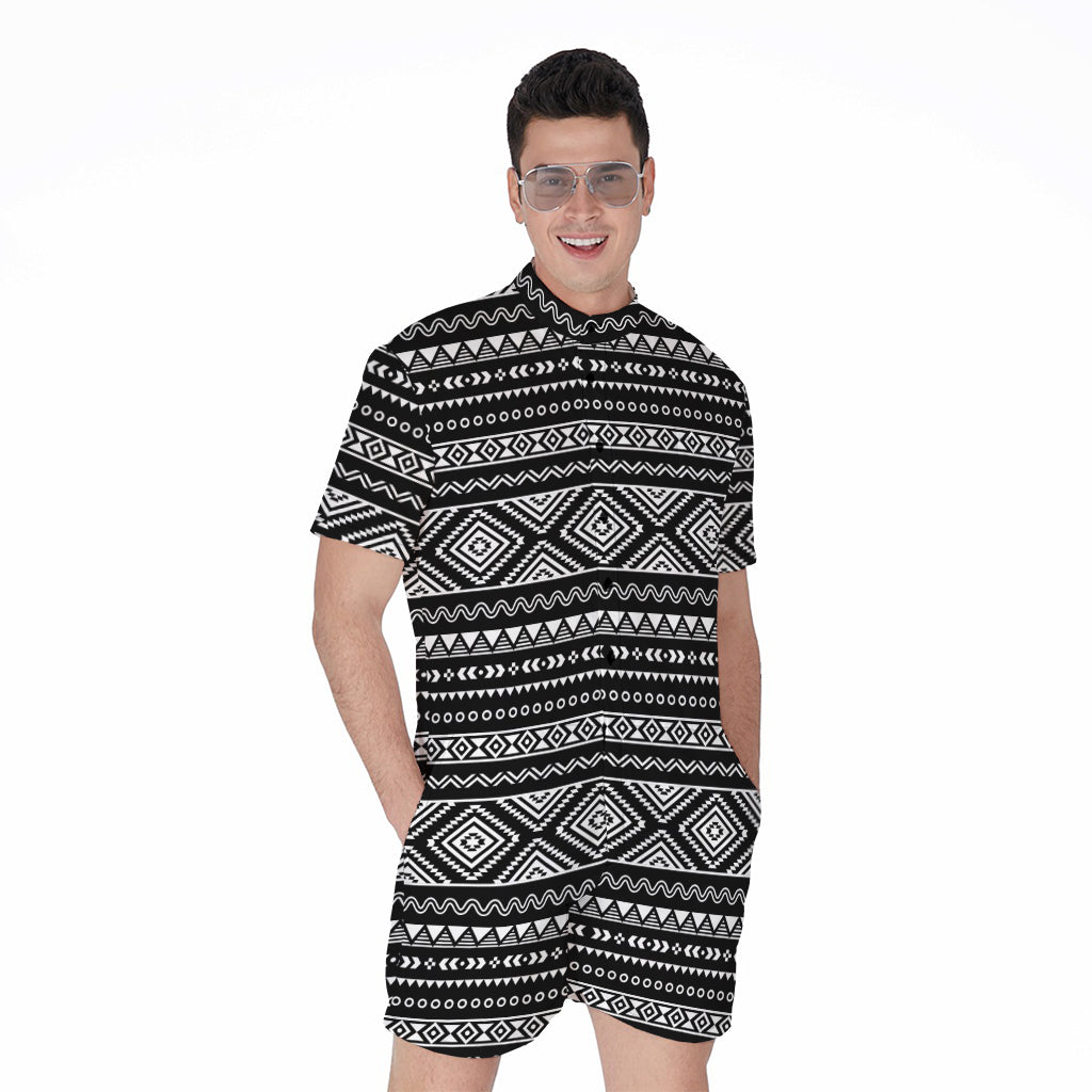 Black And White Aztec Ethnic Print Men's Rompers