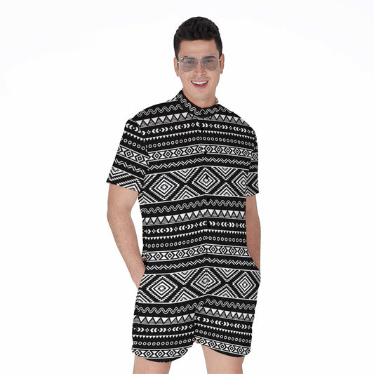 Black And White Aztec Ethnic Print Men's Rompers