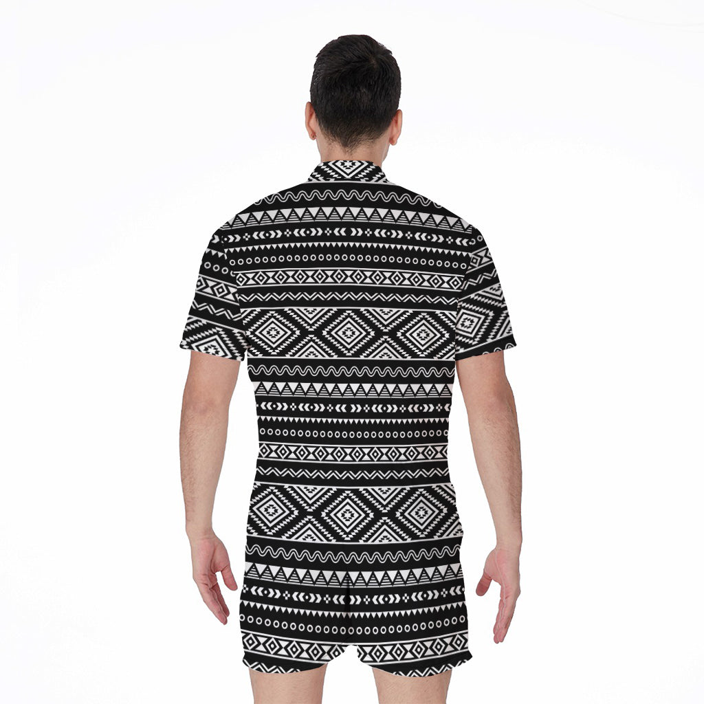 Black And White Aztec Ethnic Print Men's Rompers
