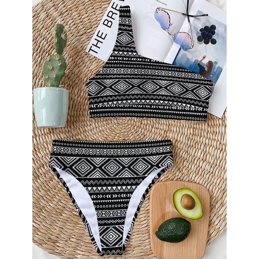 Black And White Aztec Ethnic Print One Shoulder Bikini Top