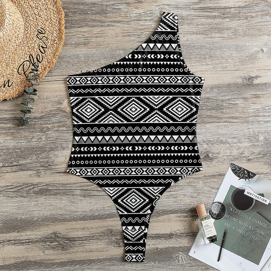 Black And White Aztec Ethnic Print One Shoulder Bodysuit