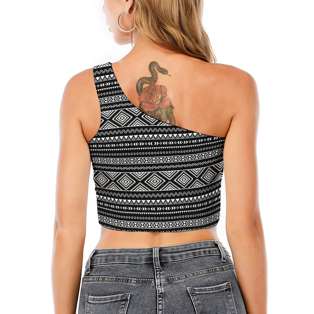 Black And White Aztec Ethnic Print One Shoulder Crop Top