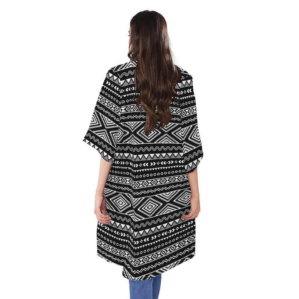 Black And White Aztec Ethnic Print Open Front Beach Cover Up