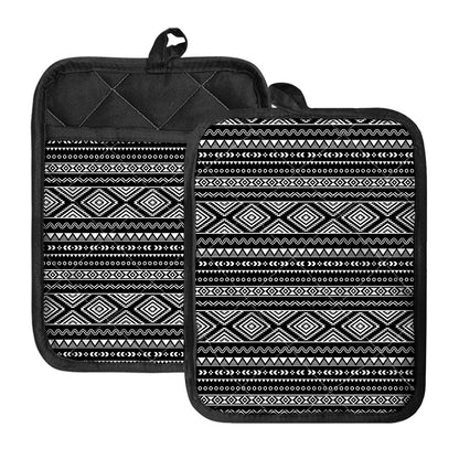 Black And White Aztec Ethnic Print Pot Holders With Pocket