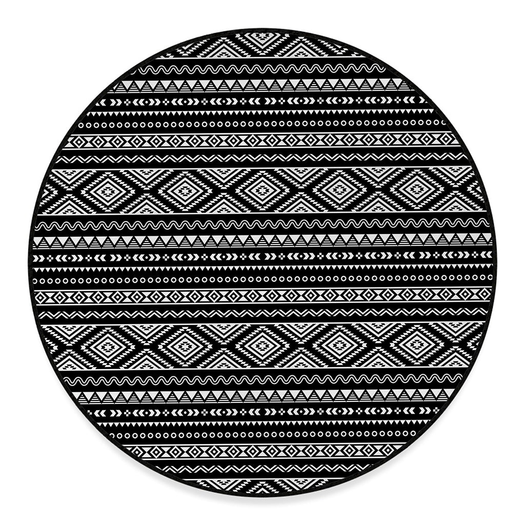 Black And White Aztec Ethnic Print Round Floor Mat