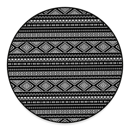 Black And White Aztec Ethnic Print Round Floor Mat