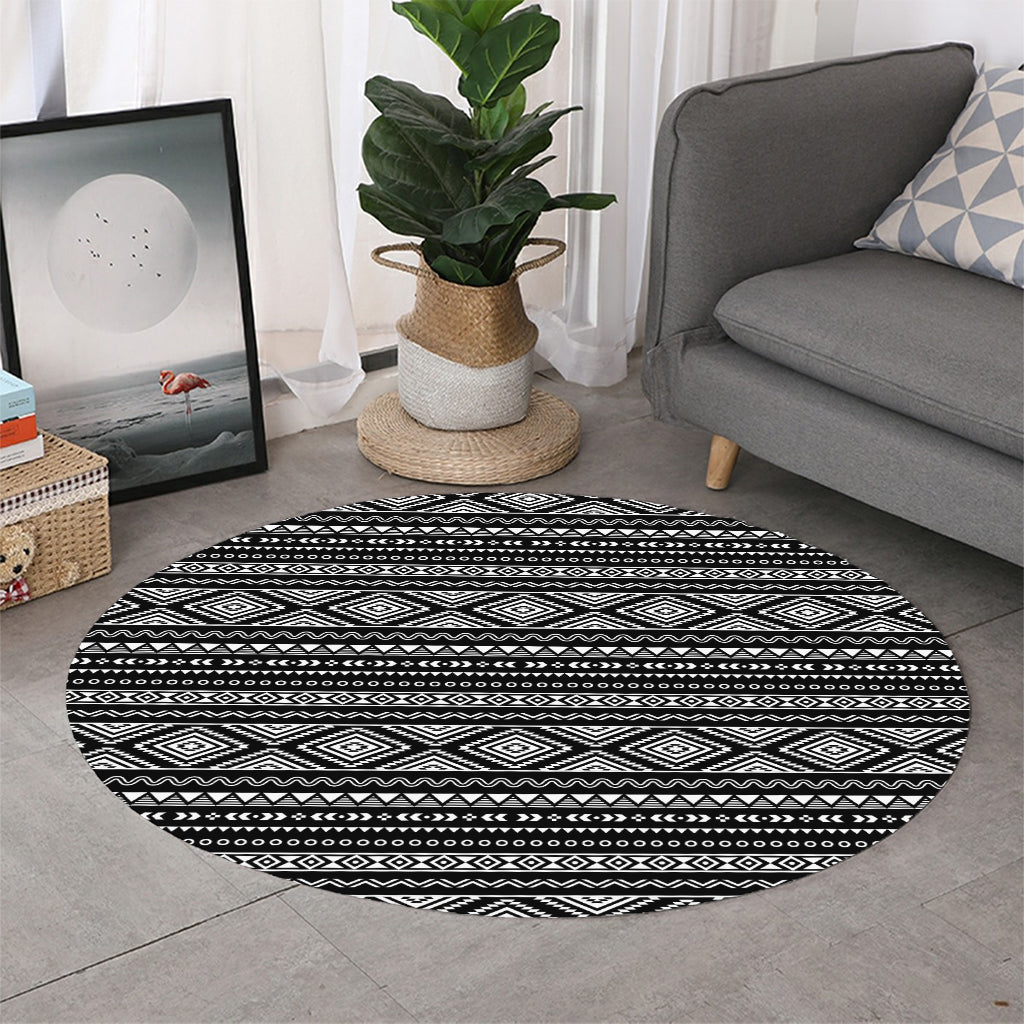 Black And White Aztec Ethnic Print Round Rug